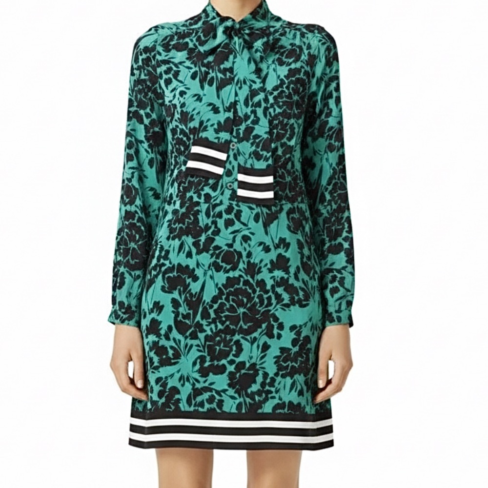 Shoshanna Silk Green Floral Allen Long Sleeve Tie Neck Dress 4